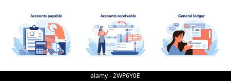 Accounting essentials set. Professionals handle accounts payable, track accounts receivable, and organize the general ledger. Financial workflow visualized. Flat vector illustration. Stock Vector