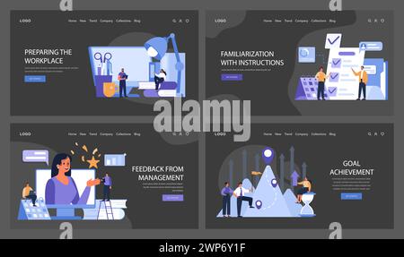 Employee Onboarding set. Employees setting up a workspace, briefing on tasks, receiving feedback, and celebrating achievements. Preparing desk, understanding roles, appraisal moments. Flat vector. Stock Vector