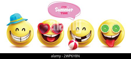 Summer emoji emoticon vector set. Summer time emojis character in smiling, happy and enjoy facial expression for tropical season yellow icon Stock Vector