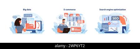 Digital Business essentials. Harnessing big data, streamlining e-commerce, and mastering SEO. Key elements for a robust online presence. Flat vector illustration. Stock Vector