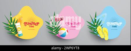 Summer time greeting vector set design. It's summer time text with sunblock, beachball and flipflop beach elements template lay out collection. Vector Stock Vector