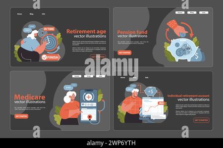Retirement and Planning set. Elderly woman targets timely retirement, hands revolve pension funds, medicare system guidance, man studies IRA benefits.Flat vector. Stock Vector