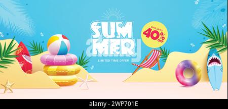 Summer sale vector banner design. Summer limited time offer text with beach elements in podium background for product display advertisement. Vector Stock Vector