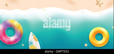 Summer time text vector banner background. Summer time greeting with floaters and surfboard elements in beach seashore top view background. Vector Stock Vector