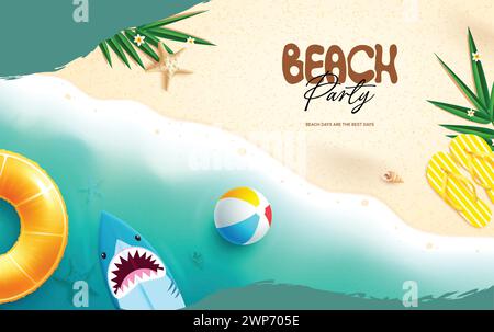 Summer beach party vector banner. Summer time greeting in beach seashore background for tropical season event and occasion invitation design. Vector Stock Vector