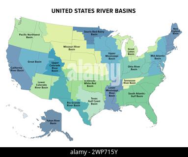 United States major river basins, political map. Nineteen major river basins, highlighted in different colors. Also with the borders of the states. Stock Photo