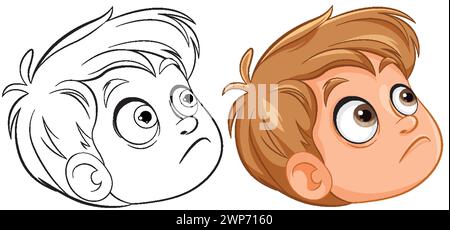 Two expressions of a cartoon boy, colored and outlined Stock Vector