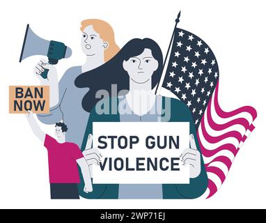 Gun control. Second amendment ban. Weapon regulations law movement. Firearm violence. Mass shooting in public places and school. Flat vector illustration Stock Vector