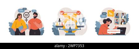 Inclusion in action set. Colleagues discussing gender equality, workplace diversity visualization, and online accessibility solutions. Communication, equality, digital tools. Flat vector illustration Stock Vector
