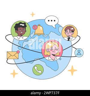Global communication concept. Diverse faces orbit around an Earth map, showcasing real-time notifications, messages, and calls. Digital interaction, worldwide connectivity. Flat vector illustration Stock Vector