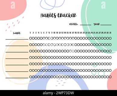 Habits tracker printable template. Monthly worksheet layout for tracking habit. Blank checklist vector with abstract background Stock Vector