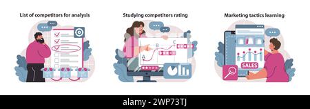 Competitive analysis series. Curated competitor checklist, in-depth rating studies, and marketing strategies learning. Strategic business insights set. Flat vector illustration. Stock Vector