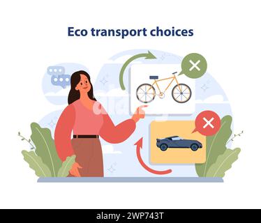 Eco Transport Choices concept. Woman highlights a bicycle as a green option while rejecting the car. Embracing eco-friendly mobility for a sustainable future. Flat vector illustration Stock Vector