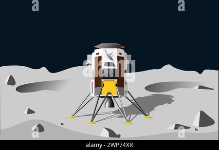 Lunar lander landing on a gray cratered landscape of the moon. Vector illustration Stock Vector