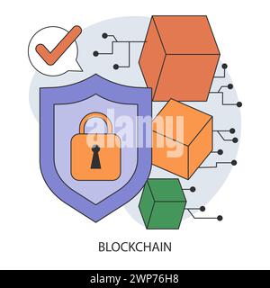 Blockchain. Cryptocurrency mining, financial transactions, user identification and cybersecurity technology. Flat vector illustration Stock Vector