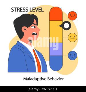 Maladaptive behavior. Neurosis, chronic stress and anxiety mental disorder. Angry furious cursing man expressing negative emotions., Flat vector illustration Stock Vector