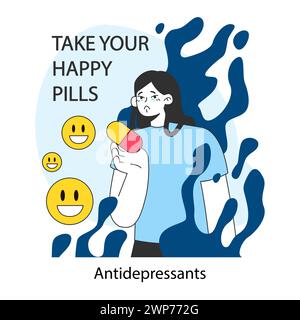 Neurosis, chronic stress or anxiety mental disorder treatment. Psychotherapy and pharmacotherapy. Medications therapy. Woman holding a pill. Flat vector illustration Stock Vector