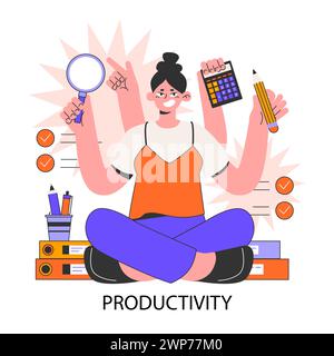Productivity. Character worktime optimization. Employee job performance, multitasking and efficiency. Career progress and development. Flat vector illustration Stock Vector