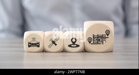 Wooden blocks with symbol of gps concept Stock Photo