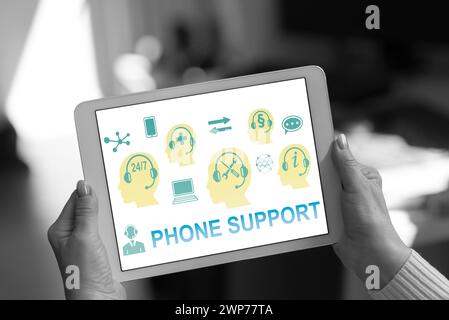 Phone support concept shown on a tablet held by a woman Stock Photo