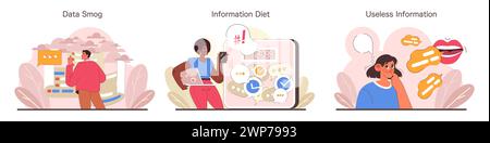 Information Overload set. Characters coping with data smog, selecting a nutritious information diet, and rejecting useless data. Modern digital life challenges. Flat vector illustration Stock Vector