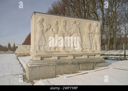 Sarkophag mit Steinrelief, Dank der Zivilbevölkerung an die Armee, Sowjetisches Ehrenmal, Winter, Treptower Park, Treptow, Treptow-Köpenick, Berlin, D Stock Photo