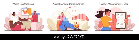 Digital Teamwork set. Multitaskers in video conferencing, engaging in asynchronous communication, utilizing project management tools. Collaboration in a virtual workspace. Flat vector illustration Stock Vector