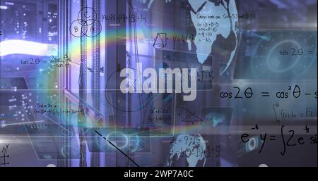 Image of rainbow lens flare, mathematical equations and data processing against computer server Stock Photo