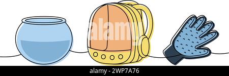 Pet supplies one line colored continuous drawing. Glass aquarium, terrarium, pet backpack carrier, hair remover glove continuous one line illustration Stock Vector