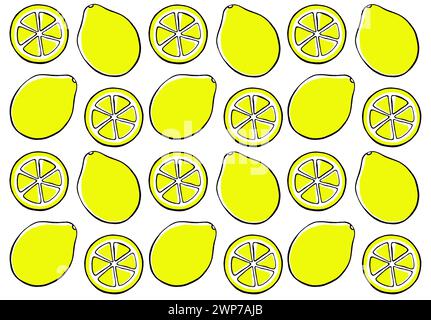 Pattern from illustrations of lemons. Whole fruits and slices in rings. Regularly repeated in a checkerboard pattern on a white background. Black outl Stock Photo