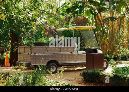 Madrid, Spain November 13 2023 Utility golf cart vehicles in public park. Urban landscape. Yard equipment. Small electric car in green tropical garden Stock Photo