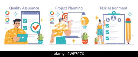 Project Management set. Ensuring quality, outlining strategy, delegating tasks. Productivity workflow, team dynamics. Flat vector illustration. Stock Vector