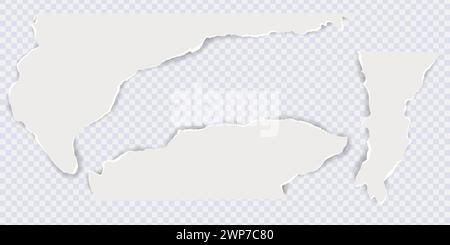 Set of torn gray paper isolated on transparent. Scraps of torn paper of different sizes and shapes with torn adges and soft shadow. Blank mockup for t Stock Vector