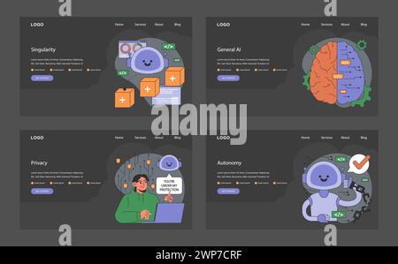 AI ethics web or landing dark or night mode set. Artificial intelligence regulation. Accountability, singularity and autonomy, bias types, transparency, safety and privacy. Flat vector illustration. Stock Vector