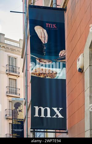 Barcelona, Spain - March 03, 2024: Image of the exterior sign of the Barcelona Chocolate Museum, a cultural and gastronomic landmark. Stock Photo