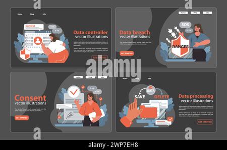 Data privacy set. Control over personal data, awareness of breaches, and securing consent. Responding to threats, ensuring secure processing. User data management. Flat vector illustration Stock Vector