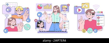 Digital Communication set. Young individuals engaging with multimedia interfaces. Video calls, data analysis, content sharing, online profiles. Flat vector illustration Stock Vector