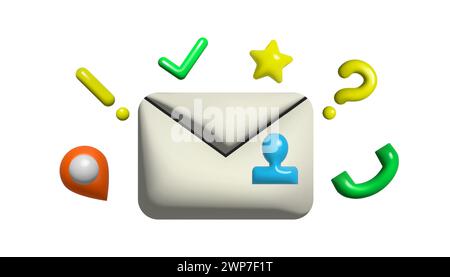 Closed 3d letter envelope with question, exclamation and check marks, phone, map pin and star vector illustration design. Template of message notifica Stock Vector