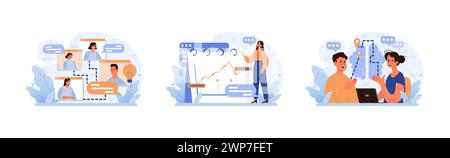 Digital Communication set. Remote team collaboration, trend analysis, and online discussions. Engaging virtual meetings, data presentation. Modern workplace dynamics. Flat vector illustration Stock Vector