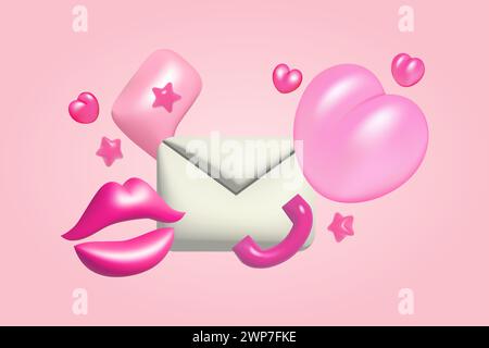 3d white mail envelope with pink hearts, lips, star, bubble speech, phone vector illustration. Clouds, kiss, love. Realistic design for Valentine and Stock Vector