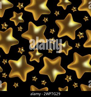 Golden 3d stars on black background vector illustration design. Night sky seamless pattern background. New Year wrap, Christmas wallpaper. Stock Vector