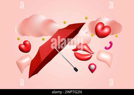 3d red heart with lips, phone, map pin, umbrella and bubble speech. Pink clouds on the sky vector illustration design. Objects for love, Valentine Day Stock Vector
