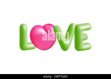 Love 3d green and pink text vector illustration design. Valentine Day or wedding party lettering decoration. Stock Vector