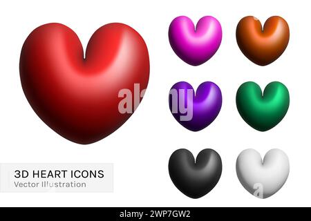 3D hearts set vector illustration design. Bright multicolor collection on Valentine Day, romantic or love icon. Stock Vector