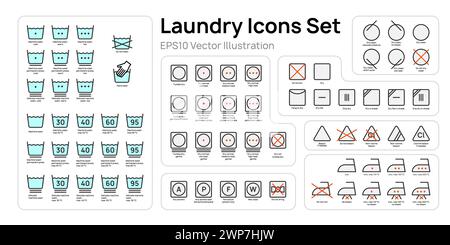 Big laundry icons set vector illustration design. Collection of washing symbols, bleaching, ironing, drying. Stock Vector
