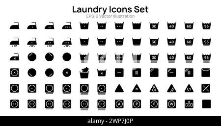 Filled laundry icons set vector illustration design. Collection of washing symbols, bleaching, ironing, drying. Stock Vector