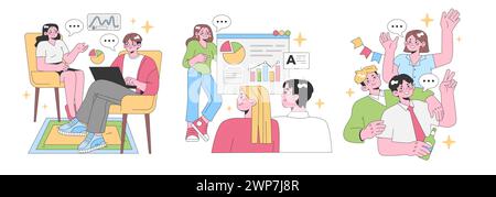 Office Dynamics set. Collaborative team discussions around charts. Laptop presentations, pie chart evaluations, peer interactions, celebratory moments. Flat vector illustration. Stock Vector