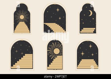 Set arch window line frame celestial, mystic with staircase, astrology symbols moon and sun, line border, minimal tattoo isolated. Esoteric spiritual icon. Vector illustration Stock Vector