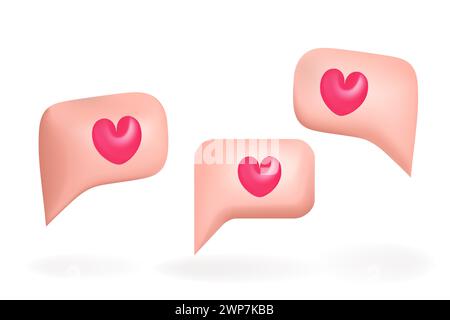 Pink 3d bubble speech set with heart vector illustration design. Blank messenger without text, online chat, web banner, love message. Stock Vector