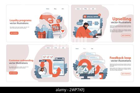 Customer retention set. Engaging visuals depicting loyalty program benefits, strategic upselling, onboarding flow, and feedback loops for business growth. Flat vector illustration. Stock Vector